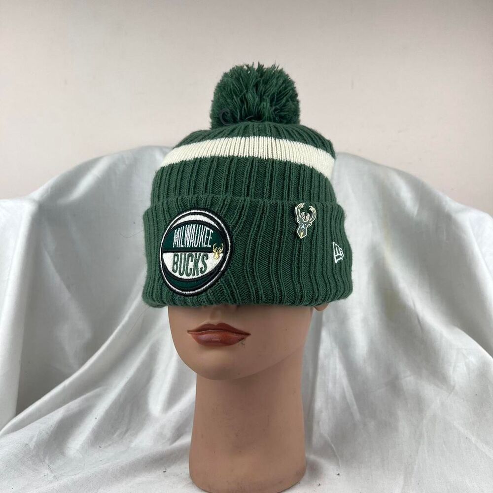 New Era Milwaukee Bucks Green Knit Beanie with White Stripe and Pom Pom